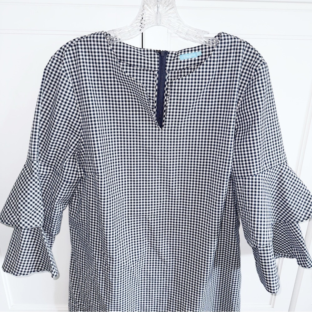 J. McLaughlin Letty Bell Navy/White Sz XL Gingham Ruffle Sleeve Dress Career - Picture 5 of 11